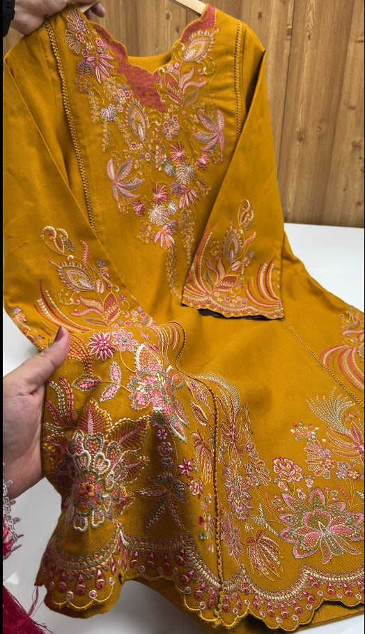 02-Piece Stitched Peach Leather Dhanak Embroidered Suit