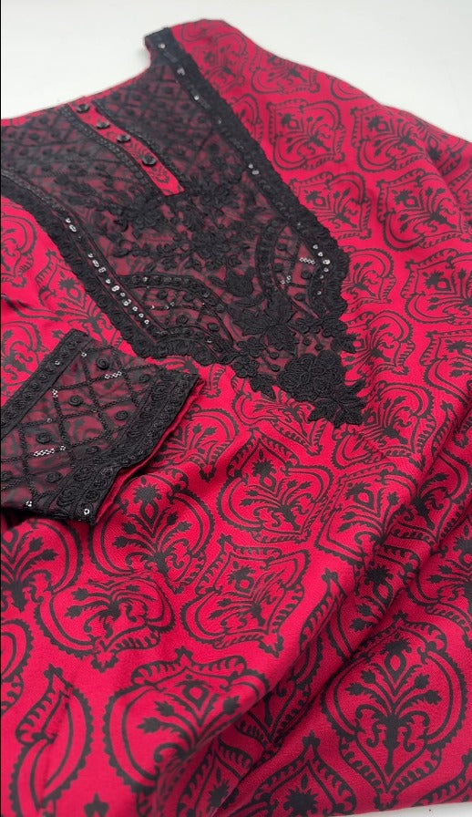 02-Piece Stitched & Unstitched Peach Leather Dhanak Embroidered Suit