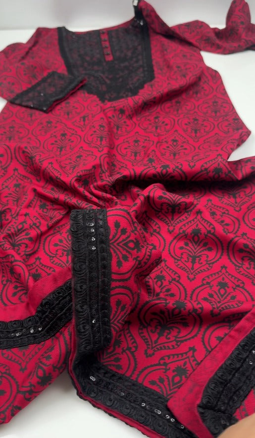 02-Piece Stitched & Unstitched Peach Leather Dhanak Embroidered Suit