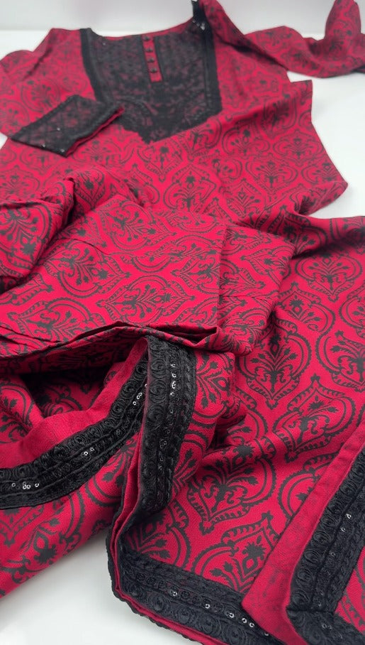 02-Piece Stitched & Unstitched Peach Leather Dhanak Embroidered Suit